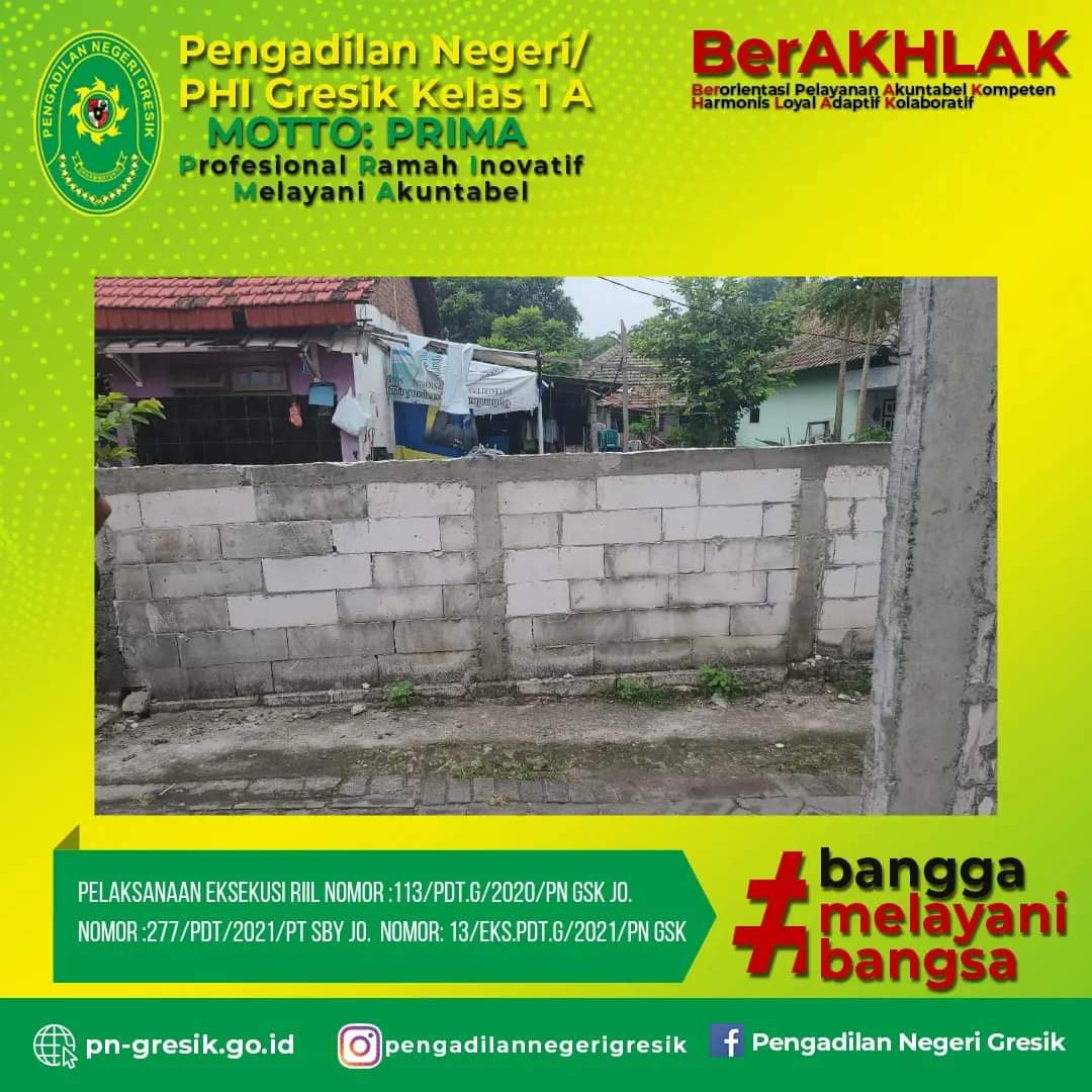 Pelaksanaan Eksekusi Pengosongan pada Pengadilan Negeri Gresik dalam perkara Nomor : 13/Eks.Pdt.G/2021/PN Gsk Jo. Nomor : 113/Pdt.G/2020/PN Gsk Jo. No